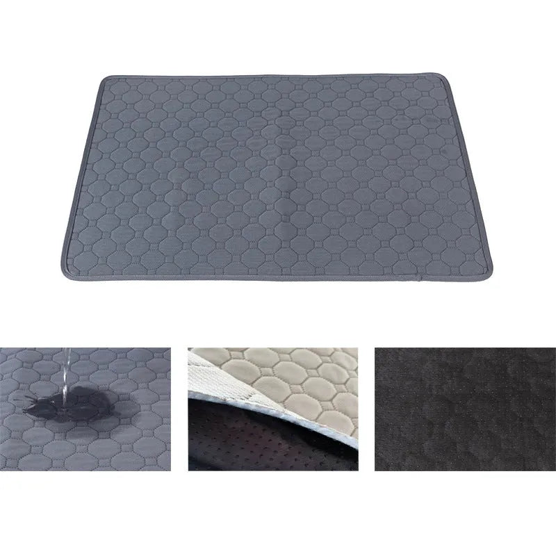 Grey and khaki washable waterproof dog pee pad on a wooden floor next to a pet crate.
