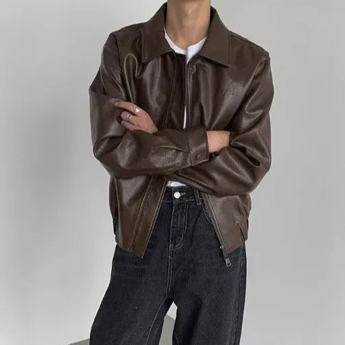 Brown PU leather jacket with straight hem, Korean-style couple hip-hop top