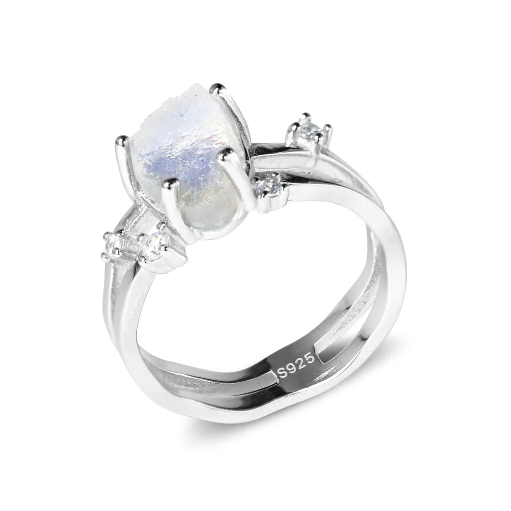S925 sterling silver geometric triangle moonstone ring in rose gold, white gold, and yellow gold plating.