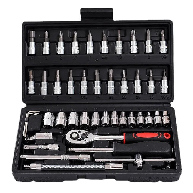 Chromium vanadium steel socket ratchet wrench set with ratchet handle and assorted sockets for repair.