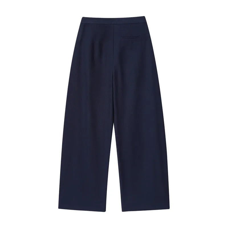 Women's off-neck polyester shirt with flounced sleeves paired with matching wide-leg trousers.