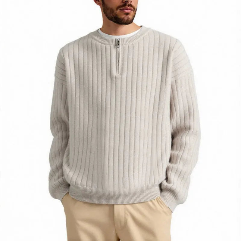 Men's grey half-zip textured knit pullover sweater with loose fit and long sleeves