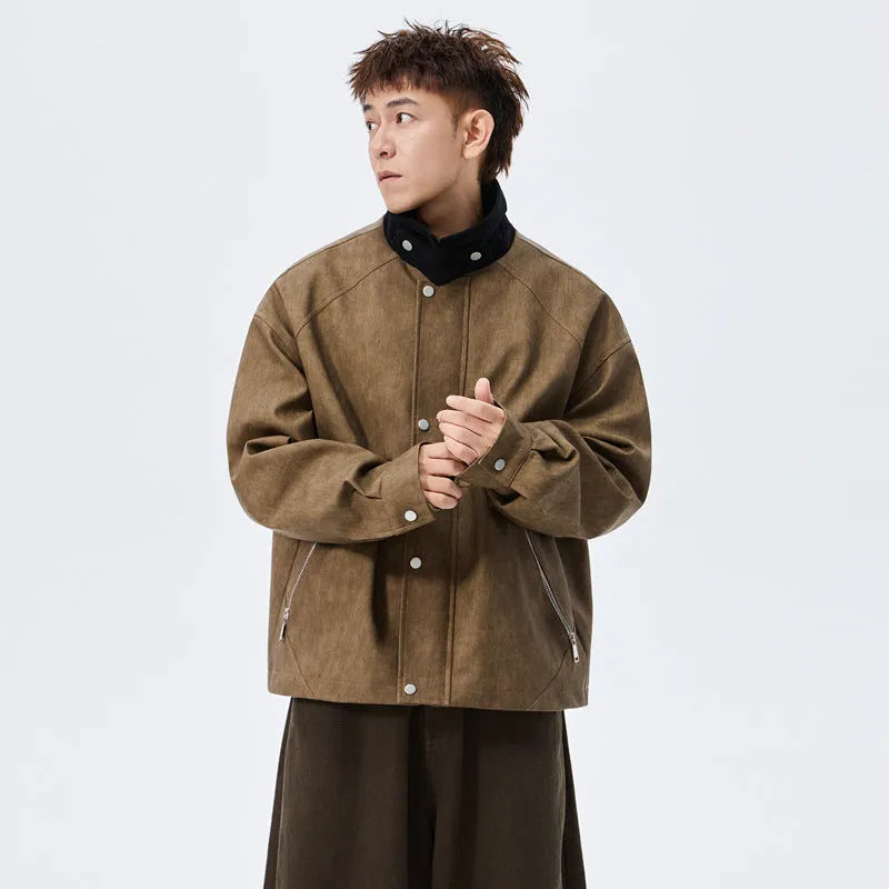 Large size men's PU leather coat with polo collar in khaki, shown on model, size 8XL available