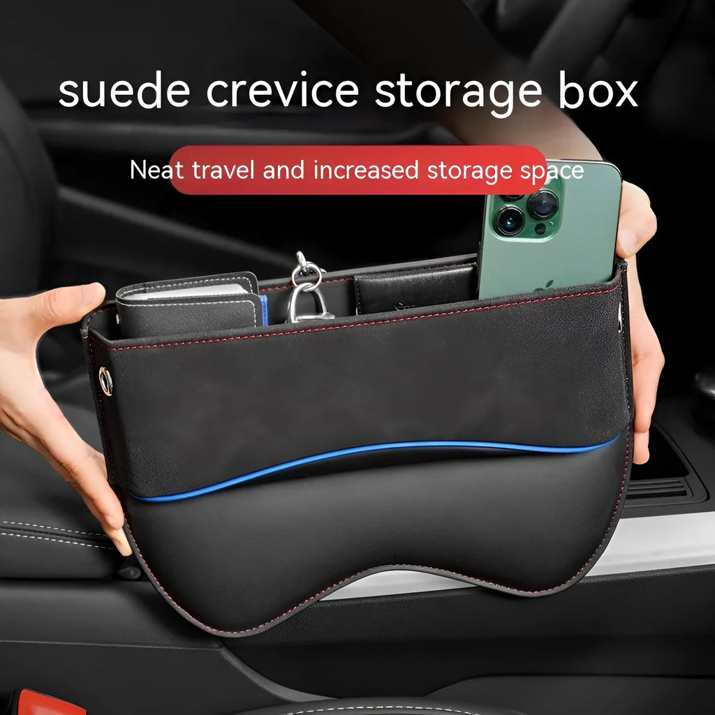 Leather car seat storage box in beige colour on a car passenger seat.