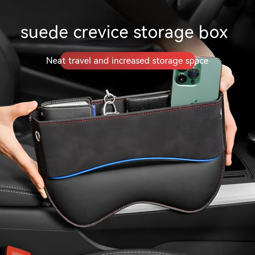 Leather car seat storage box in beige colour on a car passenger seat.