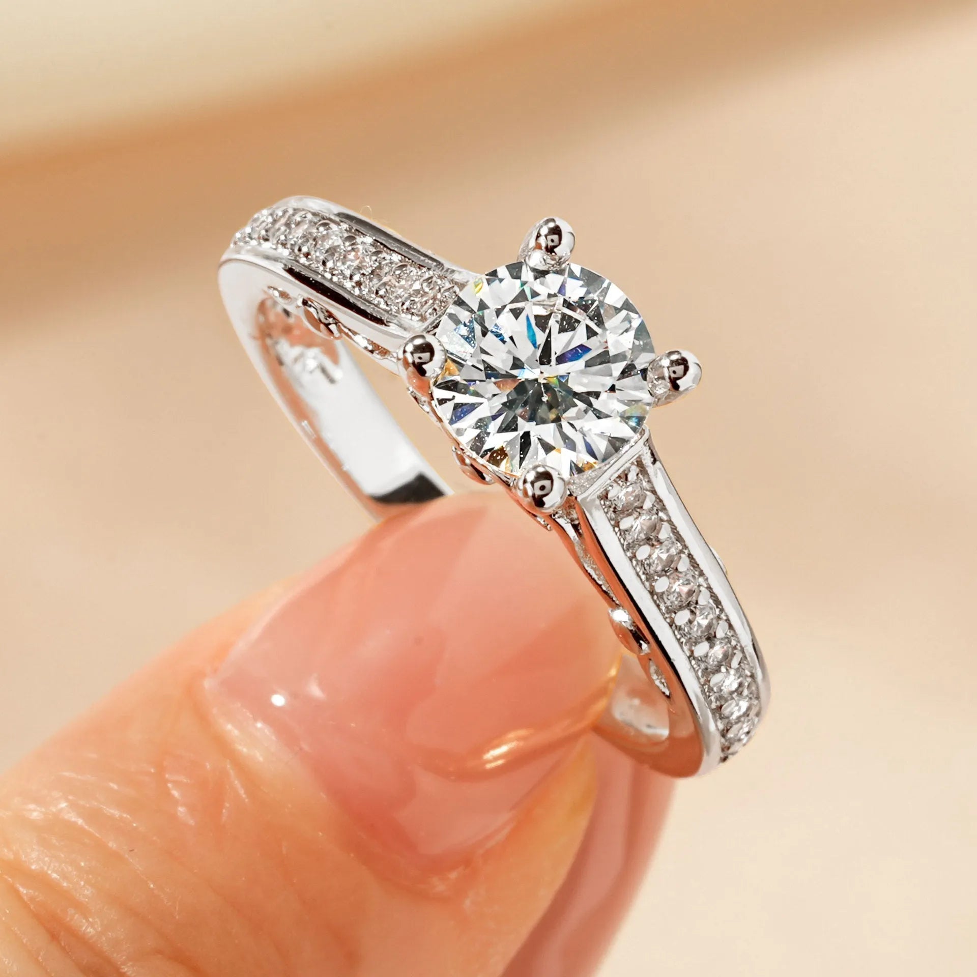 Women's luxury zircon ring with copper electroplating in heart, split arm, and star diamond designs
