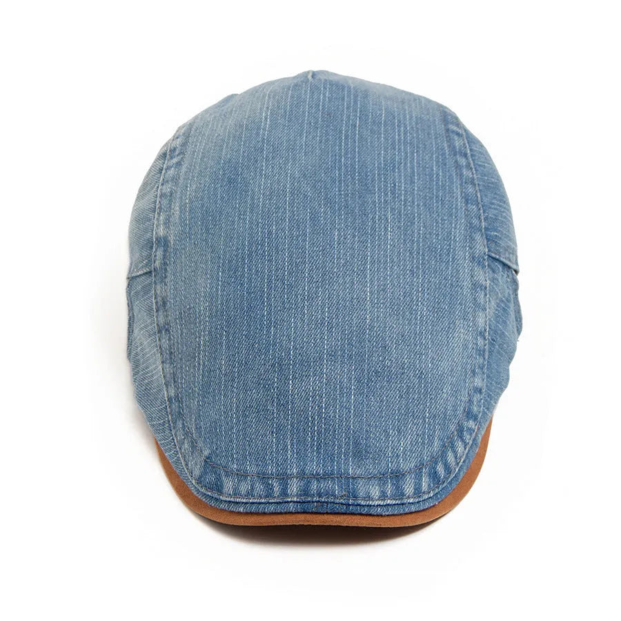 Retro men's casual cotton beret in blue with dome crown and adjustable fit