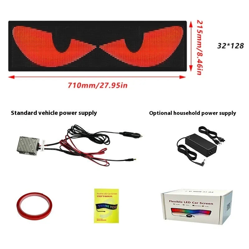Flexible LED car windshield display showing dynamic eyes, 1280x155mm size, USB powered 5V