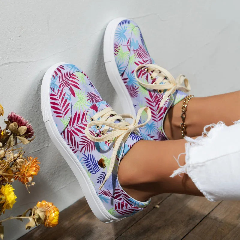 Light blue canvas lace-up flats for women round toe casual sneakers graffiti print