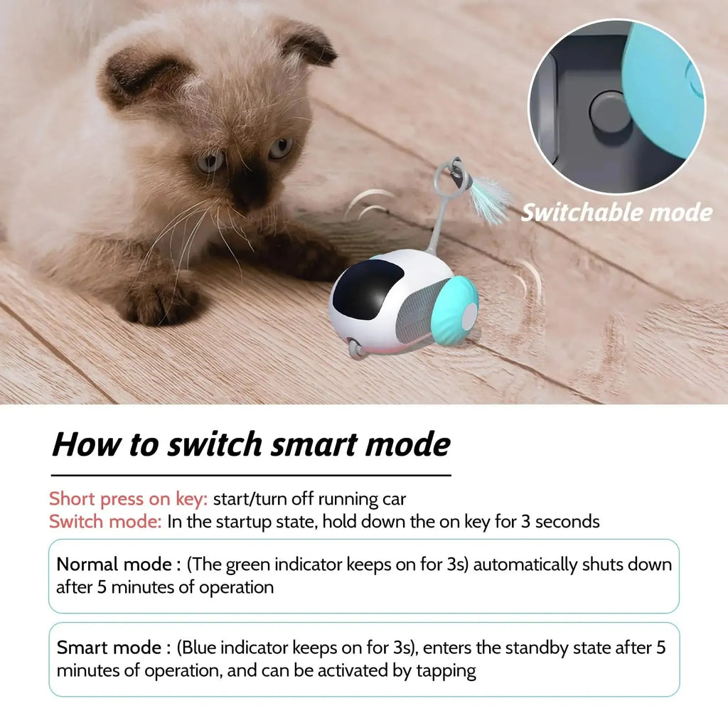 Blue and orange smart cat toy car with remote control featuring feather teaser attachment