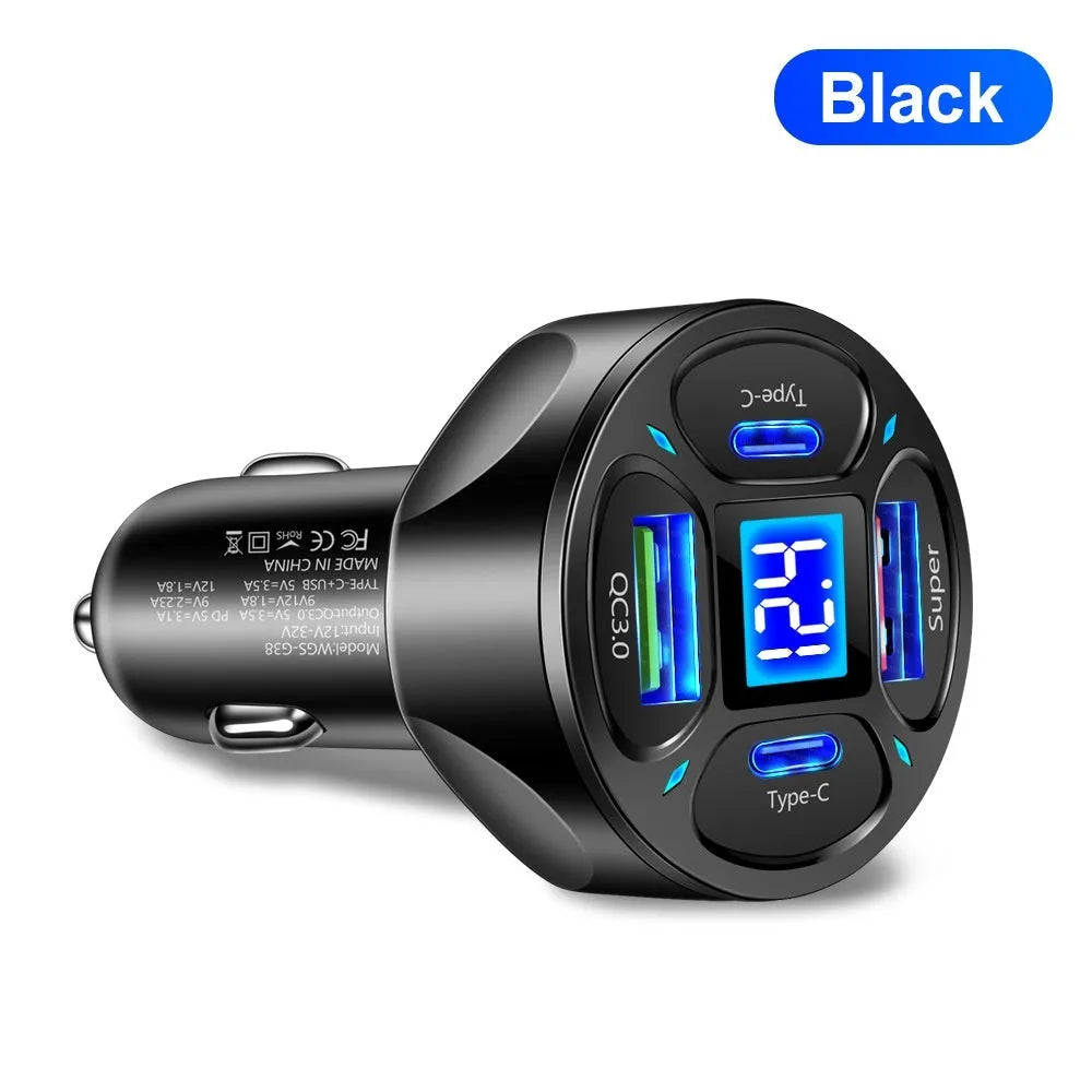 66W black and silver digital display car charger with two USB ports and two Type-C ports