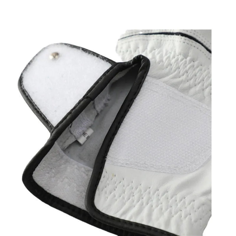 A white half sheepskin men's golf glove laid flat, showing the palm and finger design.