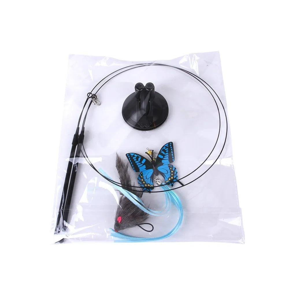Pet toy cat sucker teaser with PP material, blue butterfly caterpillar colour option, on a smooth surface