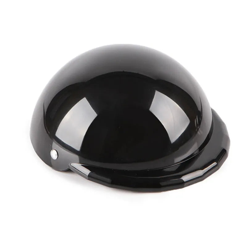 Dog wearing plastic motorcycle cap helmet in Japanese South Korean style, solid colour with paint surface treatment