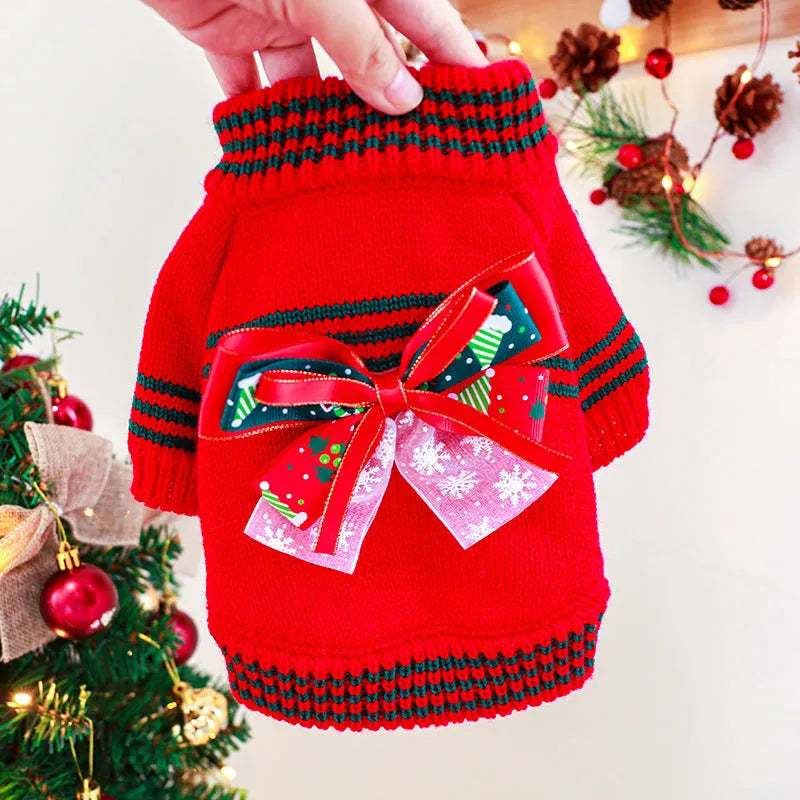 Red or green Christmas-themed polyester sweater for small dogs or cats on a festive background