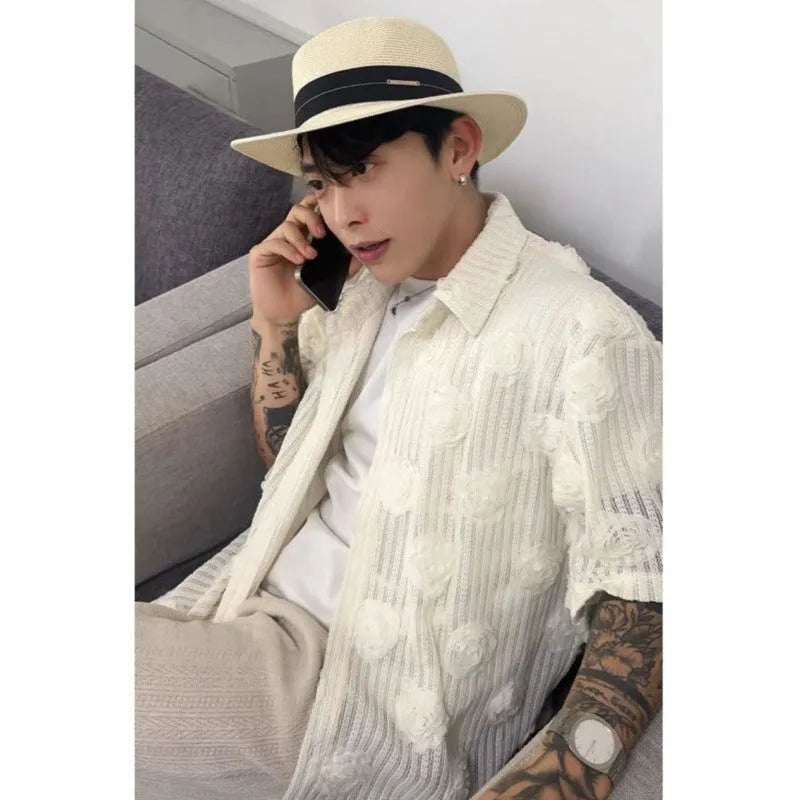 Heavy industry floral print loose fit shirt for plus size men in polyester blend fabric