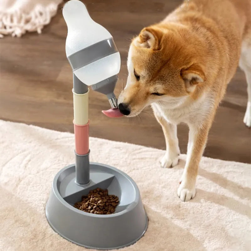 Green adjustable standing water dispenser for pets with detachable pole and weighted base.