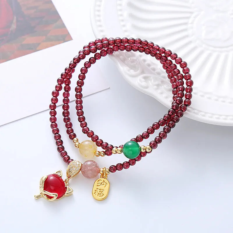 Purplish red garnet fox bracelet with adjustable string for women