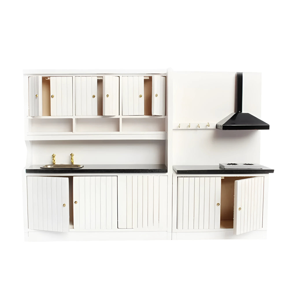 Two-piece white birch dollhouse kitchen cabinet set with working doors and metal handles, including sink and stove cabinets