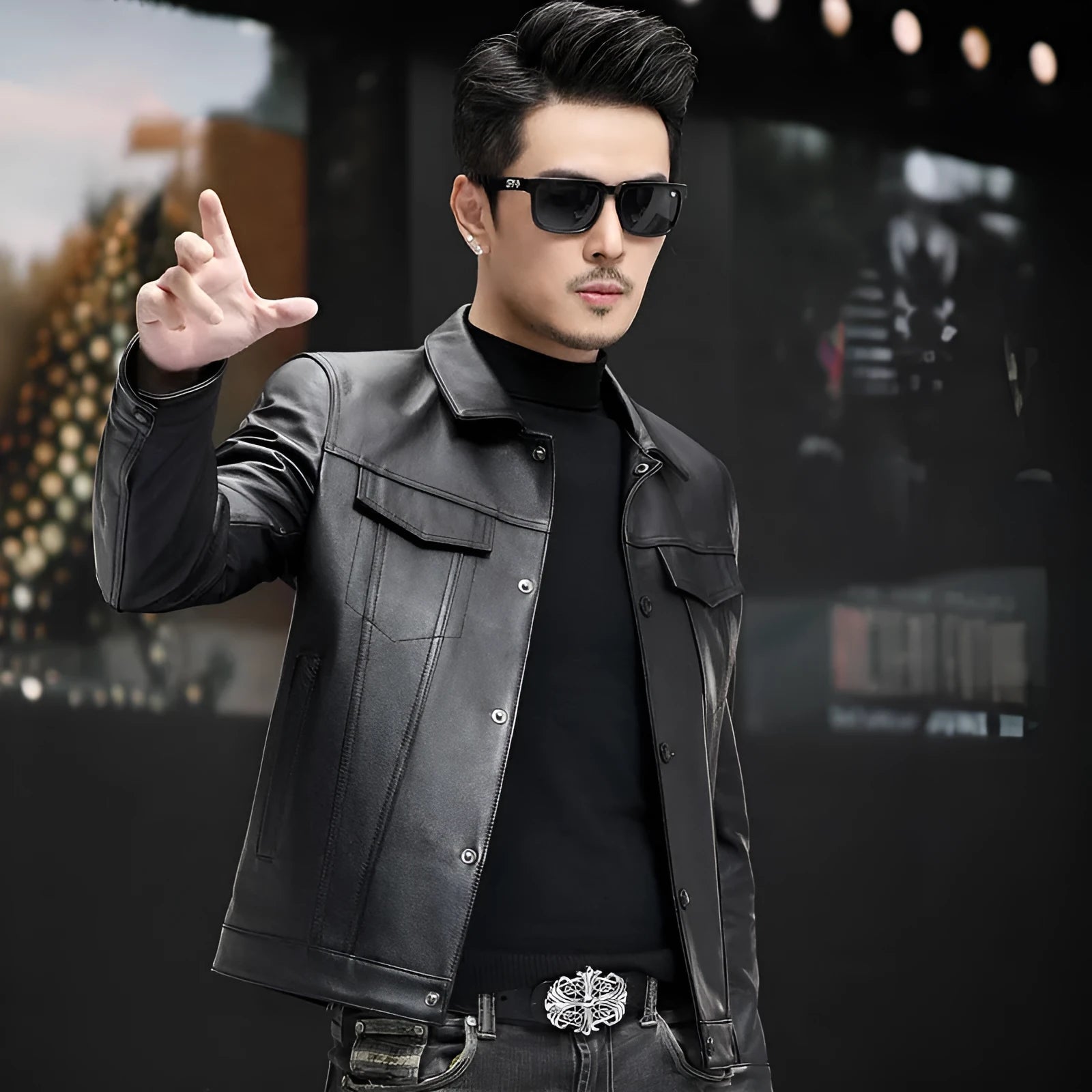 Men's black first-layer cowhide leather jacket with polo collar, front view, daily wear
