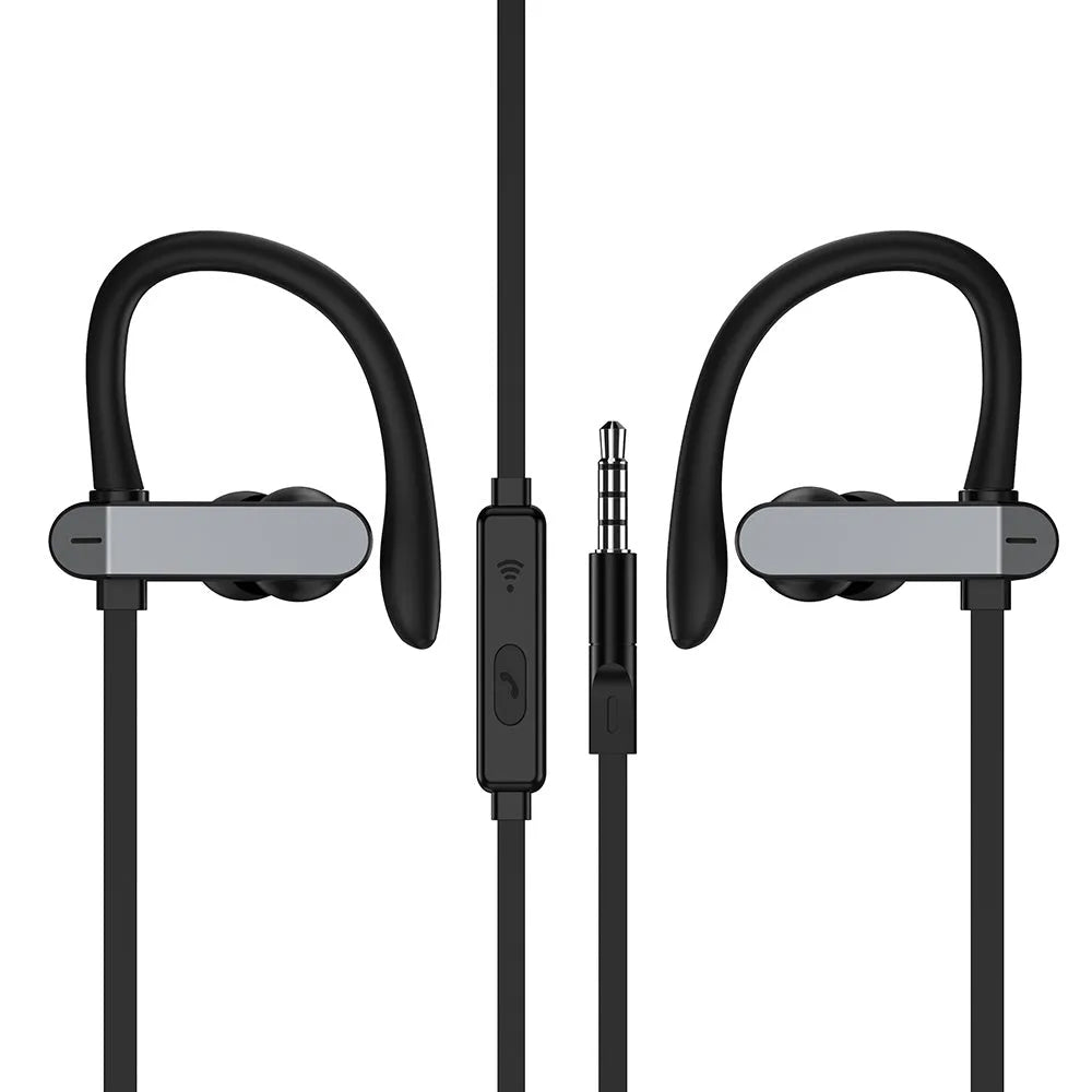 Sport running ear hook earbuds with microphone in black blue colour, showing flexible over-ear hook design.