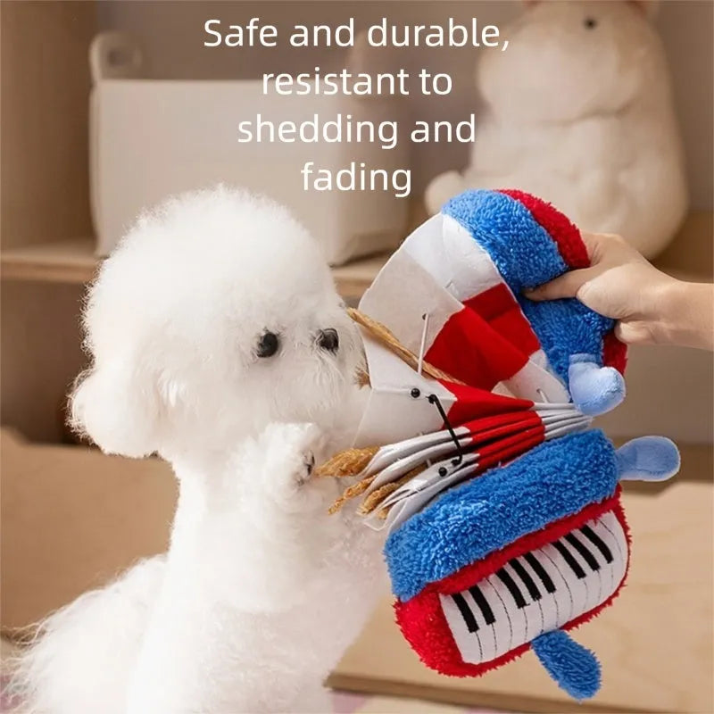 Accordion-shaped dog squeak toy in blue and white for interactive play and stress relief