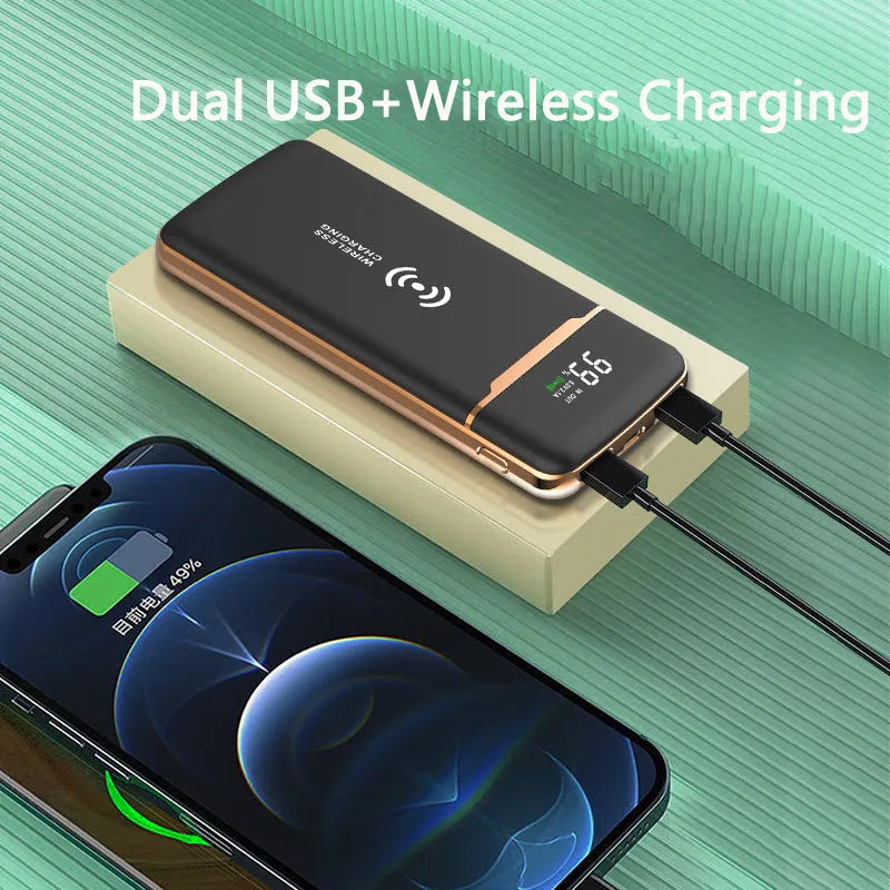 Gold-plated portable power bank with 20000mAh capacity, multi-USB output, plastic case in classic black