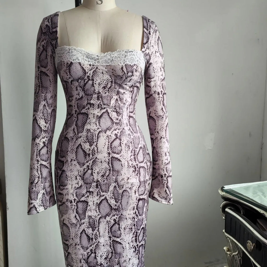 Grey slim fit long sleeve lace dress with a digital printed 3D pattern and A-line skirt.