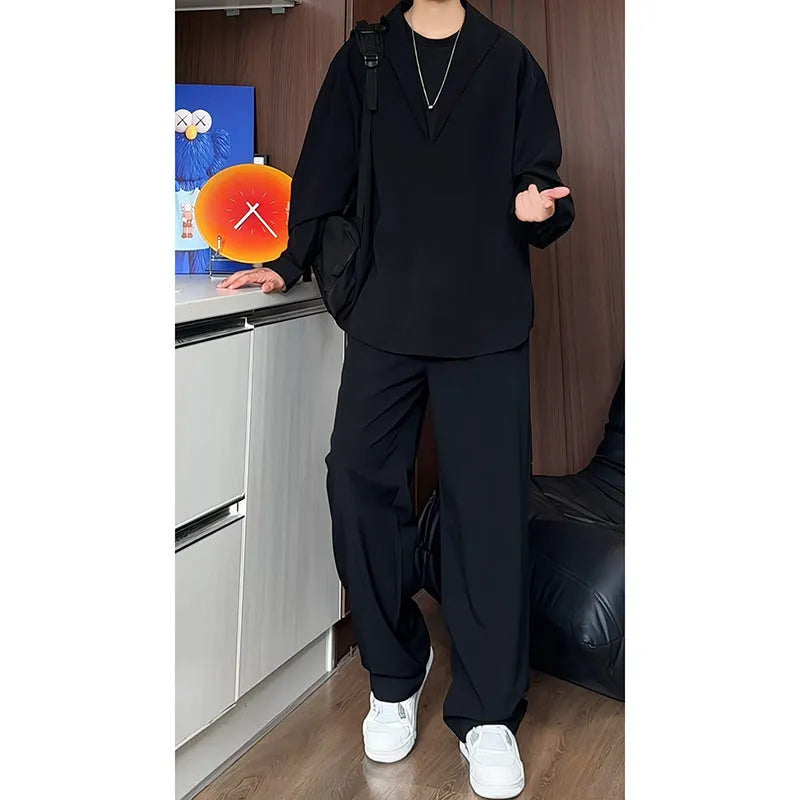Men's black long sleeve polo shirt and trousers two-piece suit set with slim fit styling