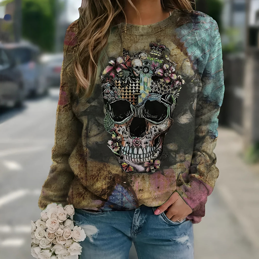 Black long sleeve sweatshirt with a detailed skull print design on the front.