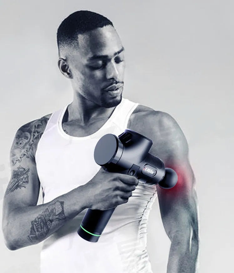 Fascia massage gun with 30-speed settings, 24V brushless motor, and six massage heads in black colour