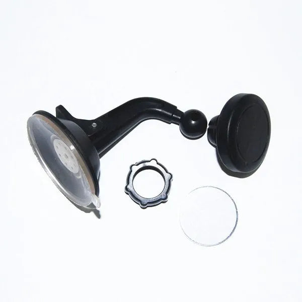 Classic black magnetic car phone holder on dashboard with phone attached, 360-degree rotatable design