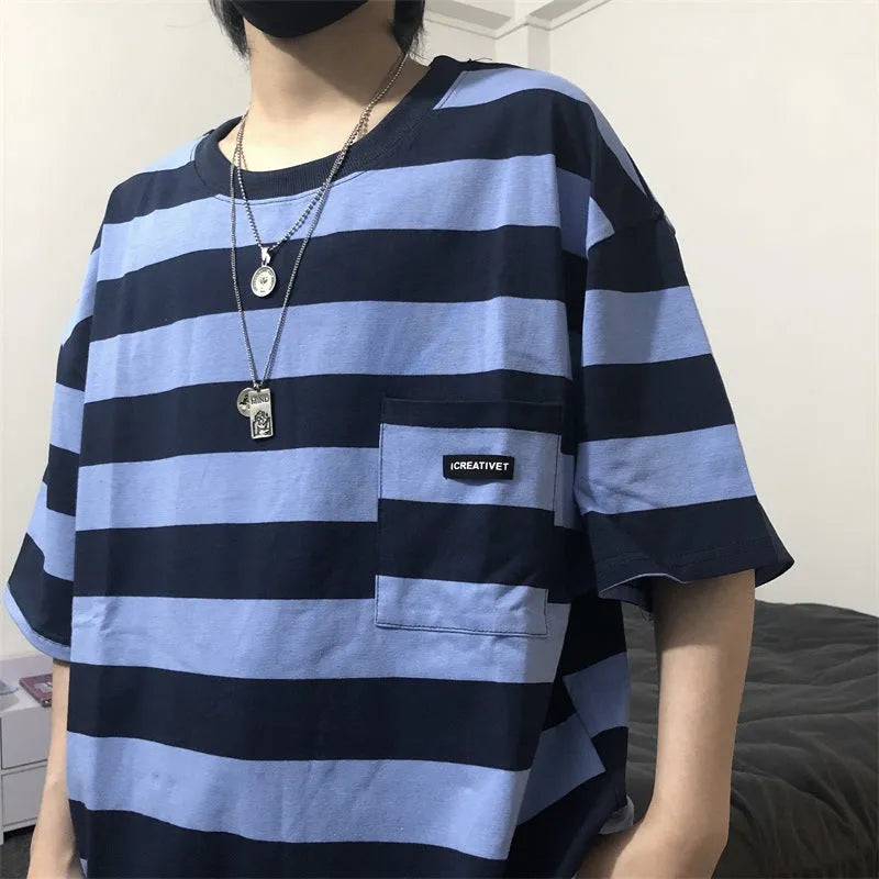 Striped short sleeve t-shirt in blue, polyester fiber, casual crew neck style