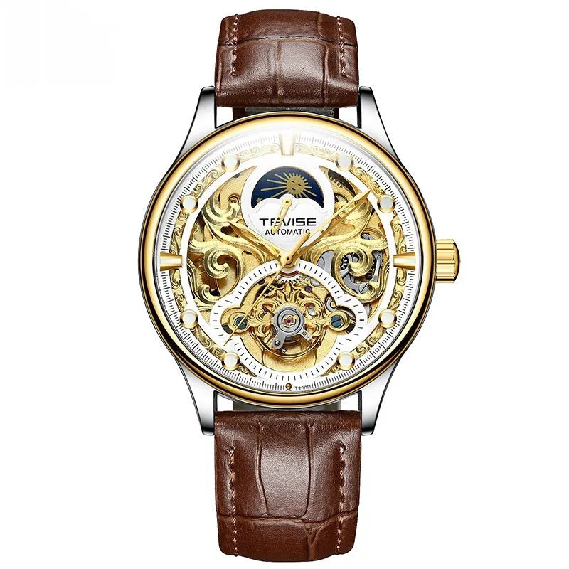 Men's gold leather strap automatic waterproof watch with 16mm thick case
