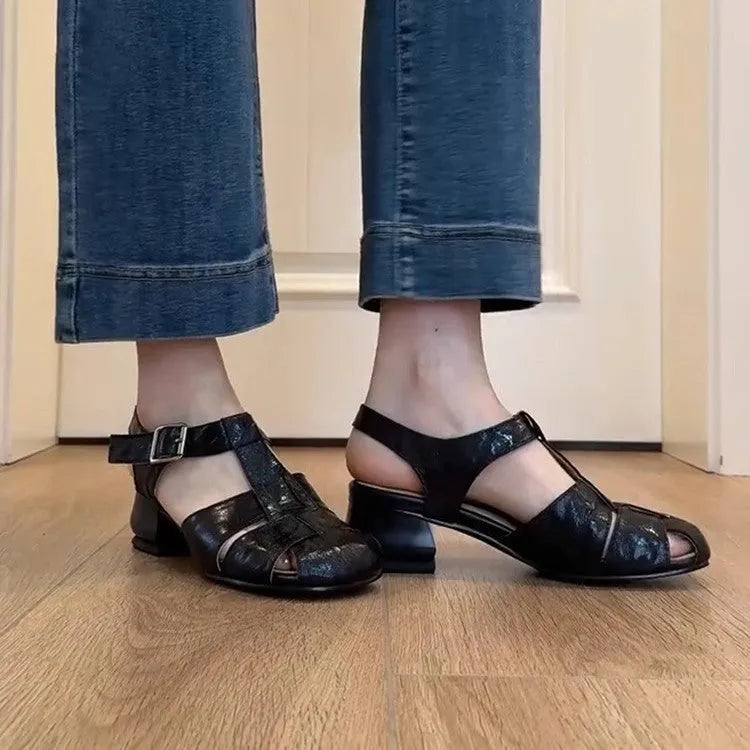 Women's woven buckle heels in apricot colour, round toe, two-layer cowhide upper, rubber sole