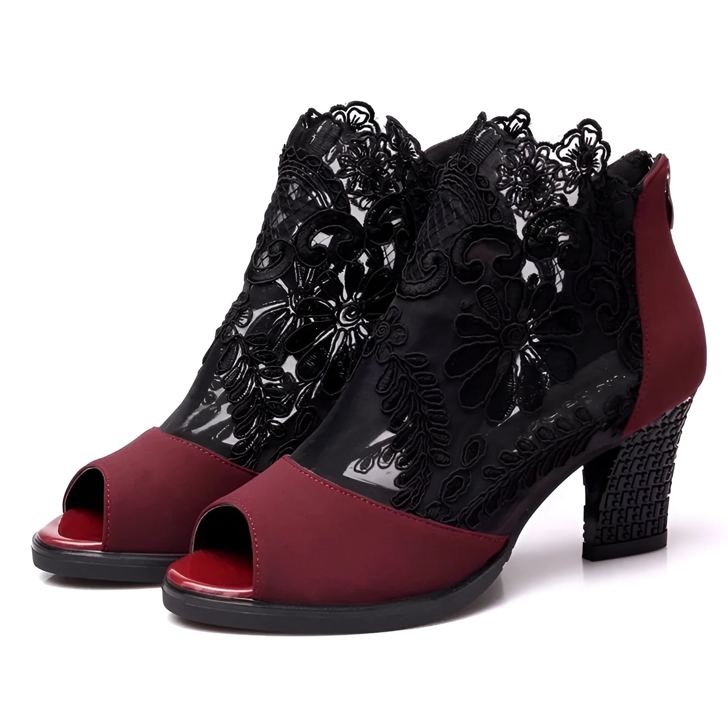 Women's black lace gladiator sandals with square high heel and zip closure, showing flower pattern detail