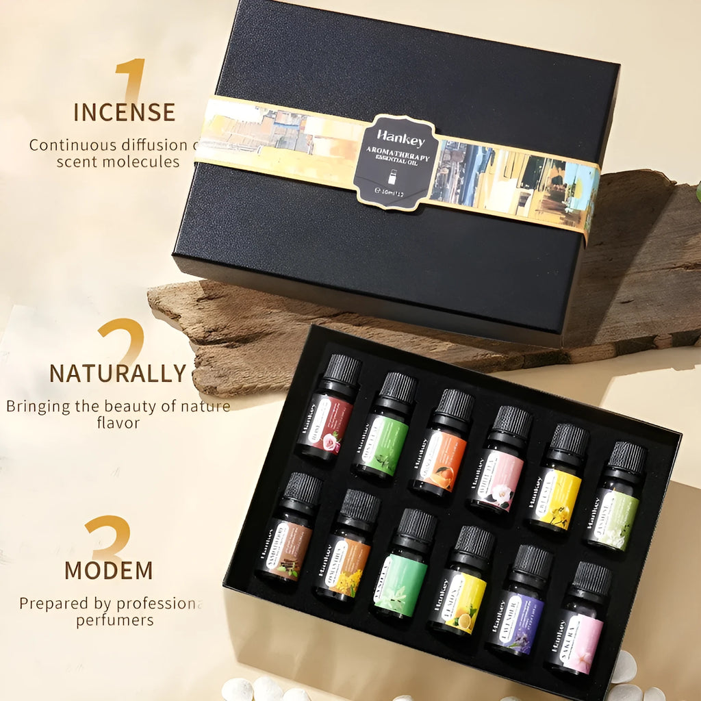 Boxed water soluble aromatherapy essential oil sets in multiple size options from 3 to 12 pieces
