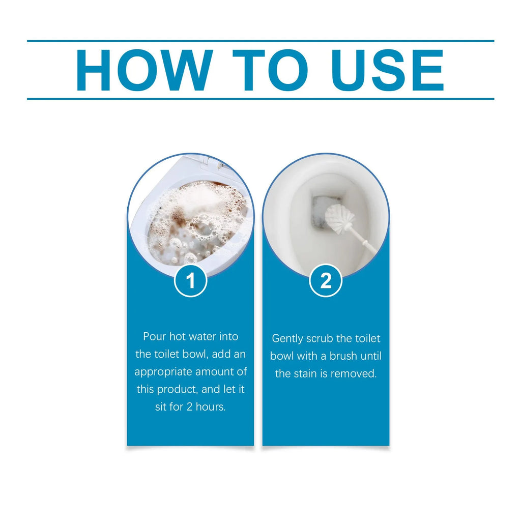 Four sealed sachets of toilet cleaning powder with descaling and stain removal text.