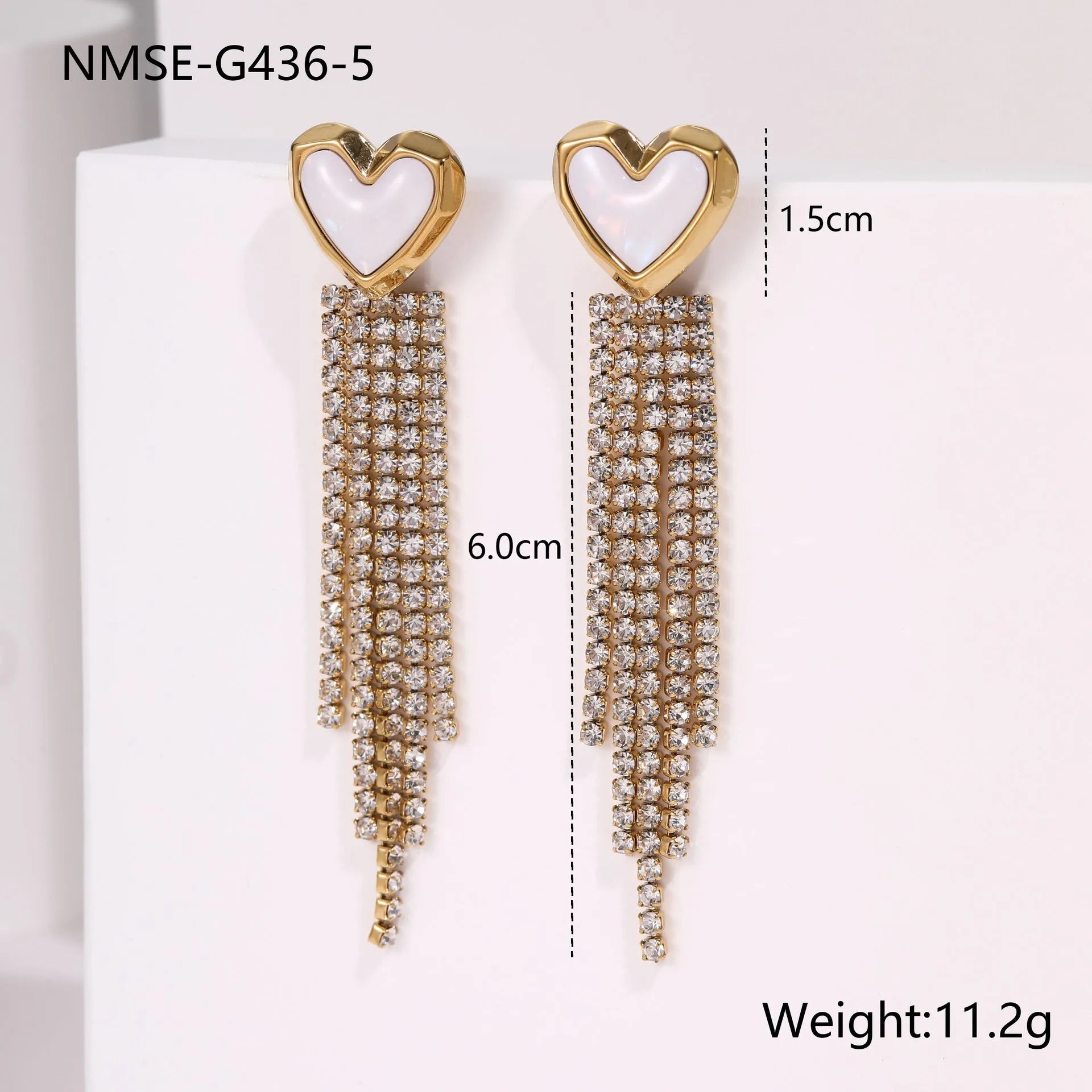 Women's stainless steel earrings with diamond tassel and heart or star shapes, 18K electroplated finish