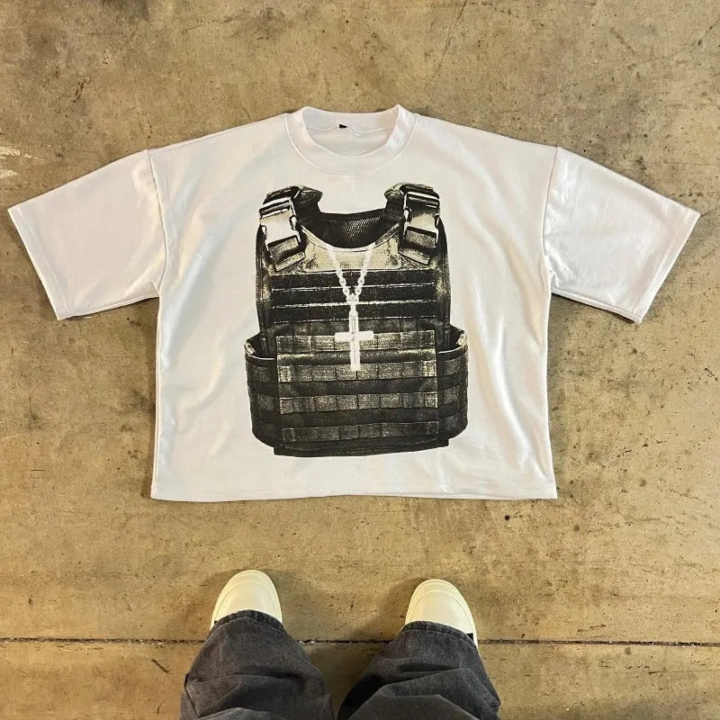Cotton short sleeve T-shirt with retro street style printed design and drop-shoulder sleeves