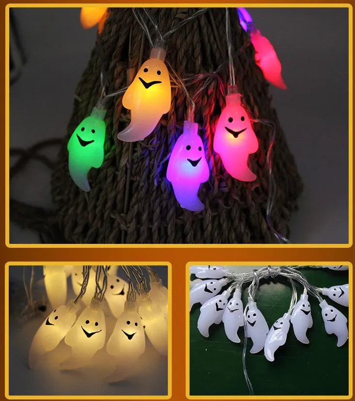 Halloween LED string lights with pumpkin, ghost and bat pendants on 1.2 metre white cord