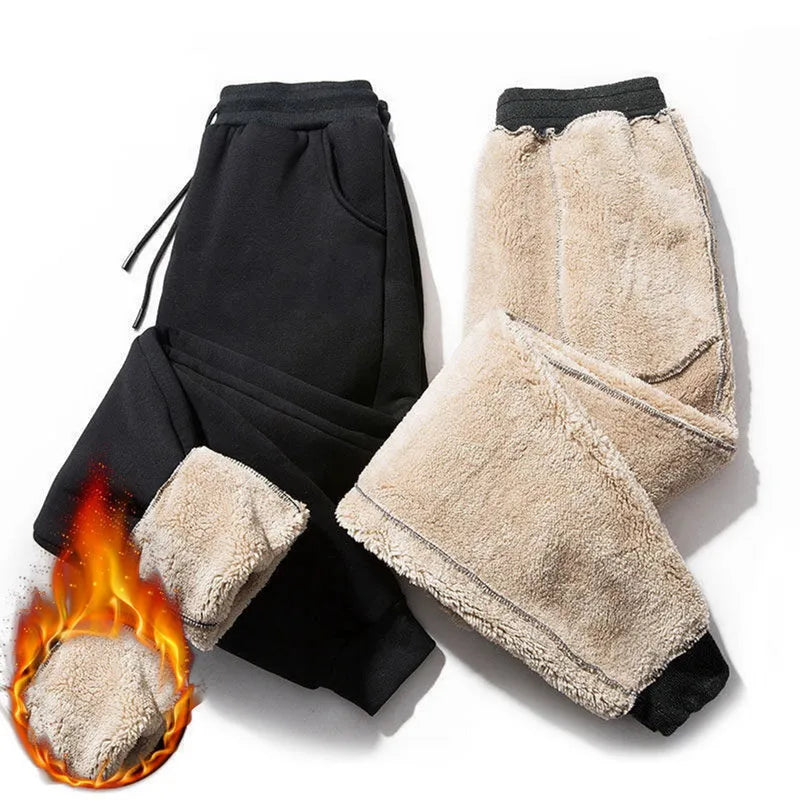 Black fleece lined straight tube trousers with drawstring elastic waist, zippered fly, and belt, sizes M to 5XL