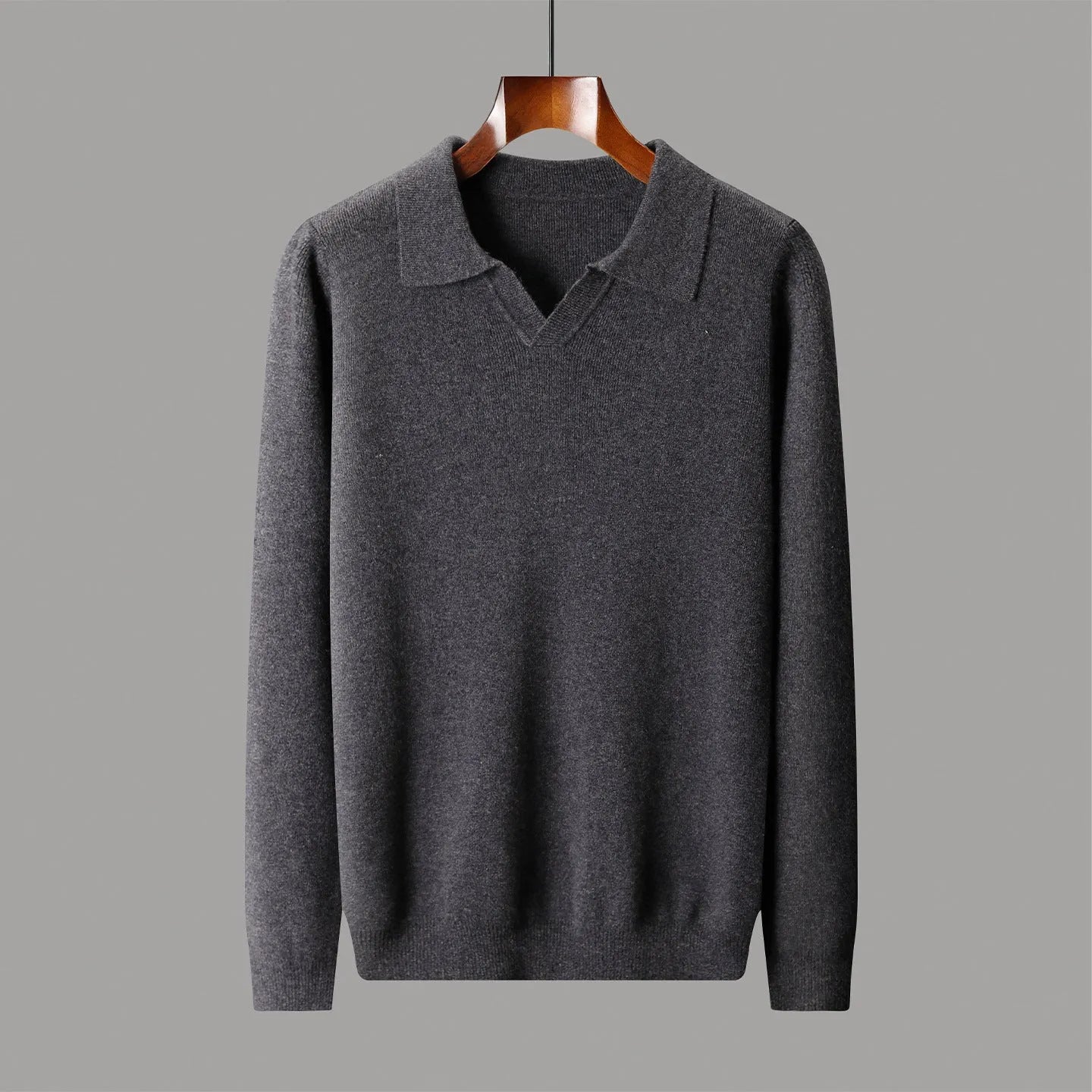 Men's dark gray wool polo collar knitted long sleeve sweater loose fit pullover