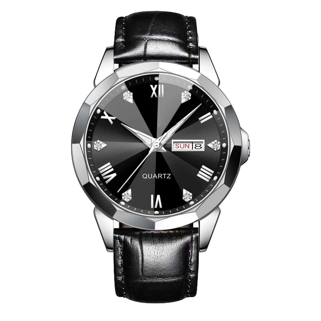 Business men's double calendar quartz watch with stainless steel strap and mineral glass face, available in multiple colours