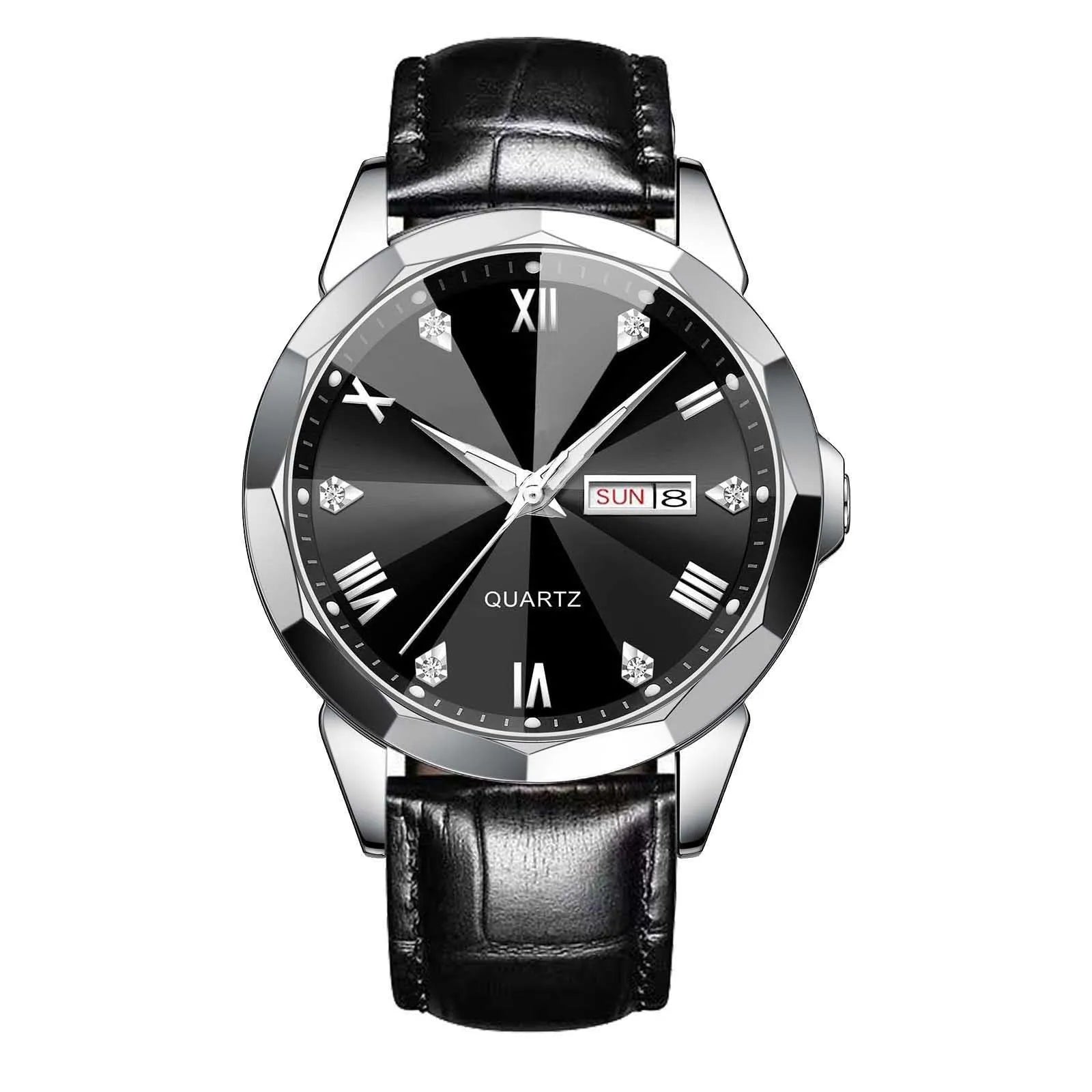 Business men's double calendar quartz watch with stainless steel strap and mineral glass face, available in multiple colours