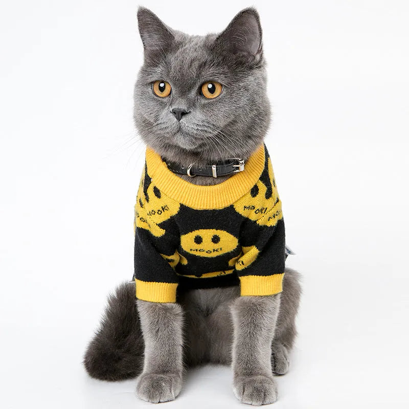 Pure wool smile animal sweater for dogs and cats in black colour, knitted fabric
