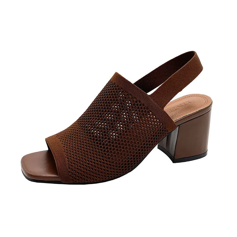 Women's chunky heel sandals in black woven mesh with square toe and rubber sole