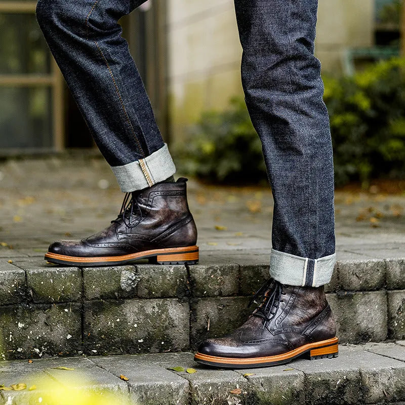 Men's casual leather round toe Martin boots in black patent finish with rubber sole