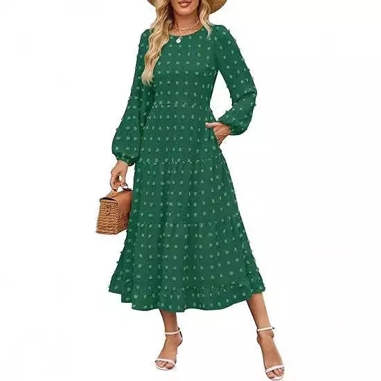Women's solid colour long sleeve dress with ruffled sleeves and high waist in autumn colours