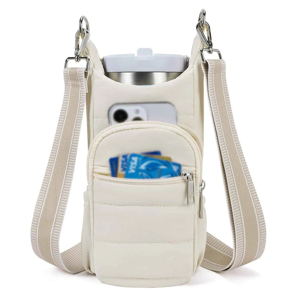 Cloth bicycle water bottle bag in black, pink and beige colours for kettle or bottle storage